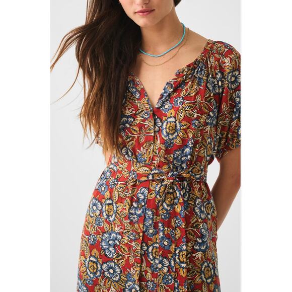 FAHERTY NWT Carmel Linen Blend Tie Waist Red Floral Button Down Midi Dress // M - Picture 2 of 16